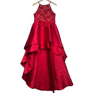 Emerald Sundae Junior Lace Halter Maxi Formal High-Low Gown Sleeveless Sz 13 Red